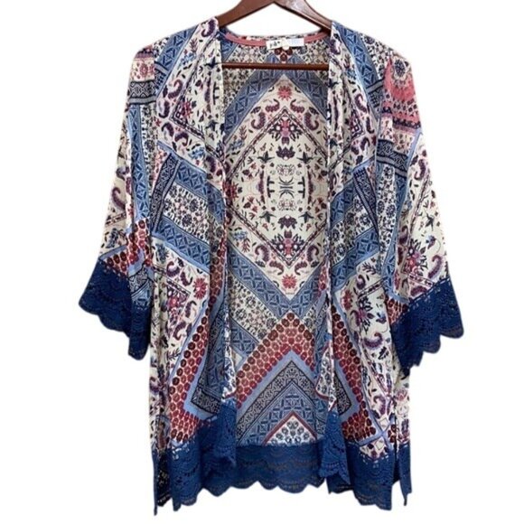 Boho Chic Womens Floral & Geometric Print Kimono Cardigan With Blue Lace Trim - Picture 1 of 6